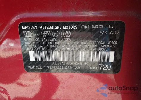 2015 Mitsubishi Mirage De/Rf из США, поврежденный, VIN ML32A3HJ0FH048180